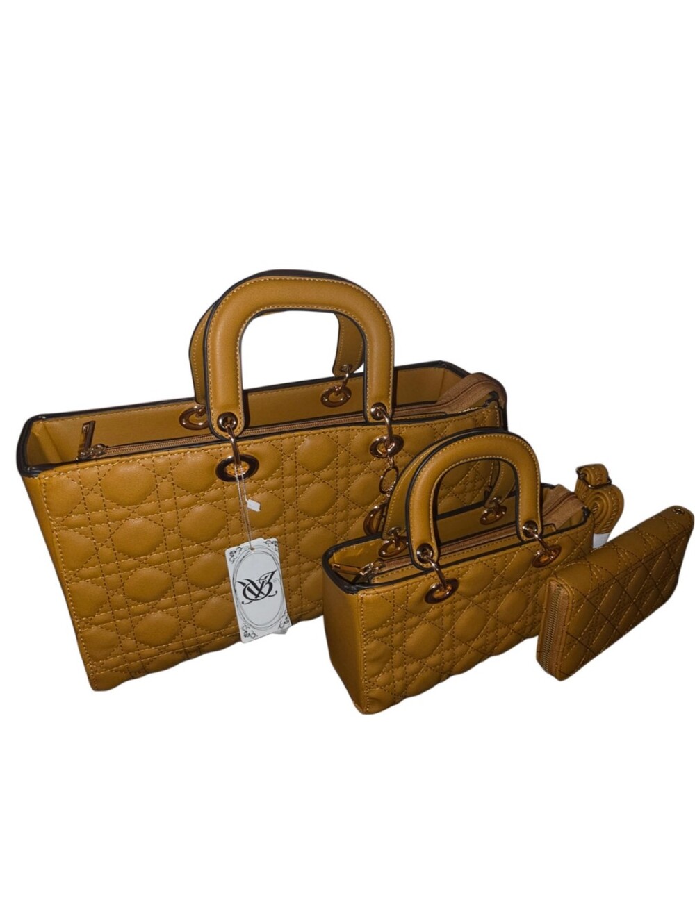 Brand New - Mustard Quilted Top-Handle Bag Set with Tote, Satchel, and Wallet